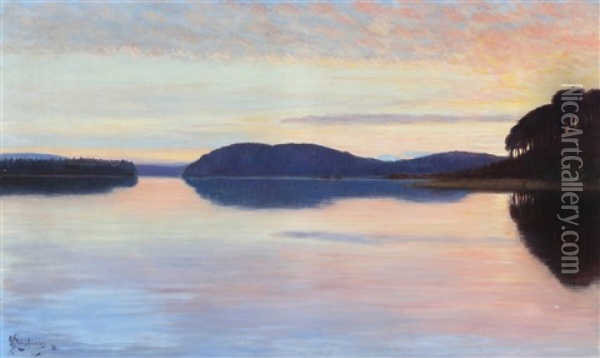 View From A Norwegian Fjord At Sunset Oil Painting - Georg Elias Schjelderup