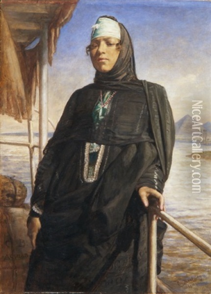 Beduinenfrau Auf Einem Nilboot Mit Ausblick Auf Eine Pyramide Oil Painting - Carl Bertling