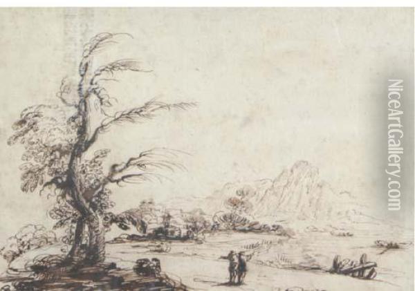 An Extensive Landscape With Figures Surveying Oil Painting - Guercino