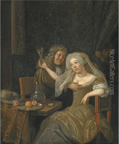 An Amorous Couple At A Table Laid With A Carafe Of Wine And A Plate Of Oranges Oil Painting - Jan Grasdorp