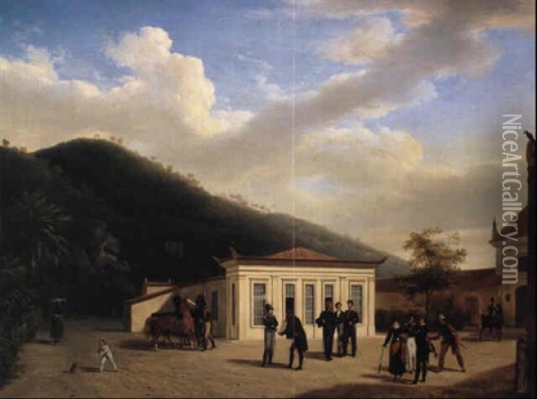 The Courtyard Of A Palace In The Environs Of Rio De Janeiro With An Architect Oil Painting - Armand Julien Palliere