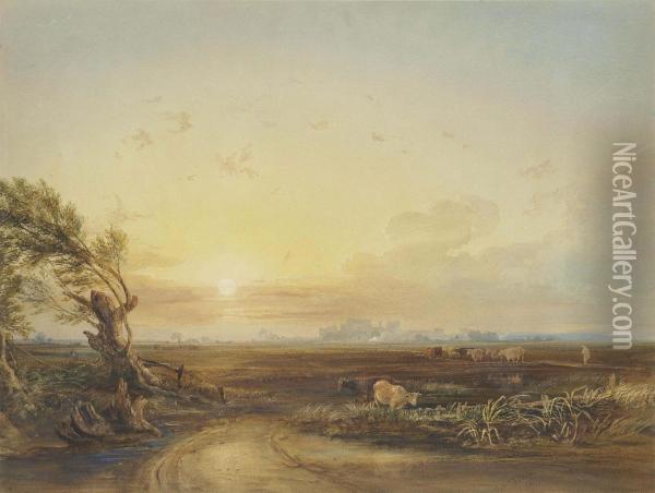 A Drover Herding His Cattle Through A Field At Sunset, Pevensey Castle Beyond, East Sussex Oil Painting - Anthony Vandyke Copley Fielding