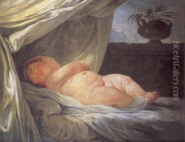 An Infant Girl Sleeping On A Canopied Bed Oil Painting - Jean-Honore Fragonard
