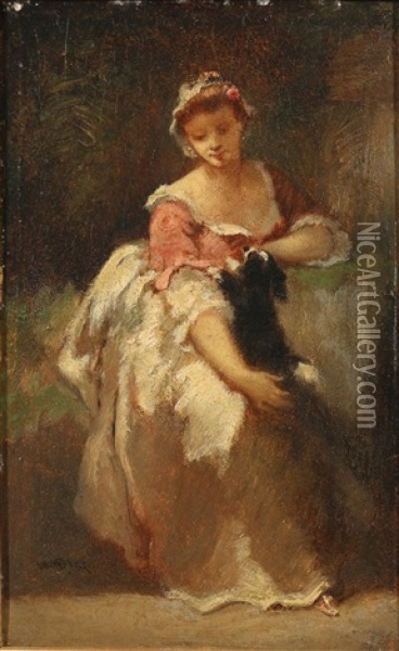 Young Woman With A Dog Oil Painting - Narcisse Virgile Diaz de la Pena