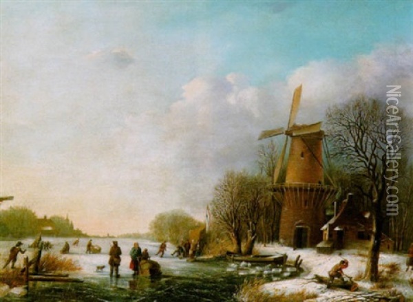 Eisvergnugen In Hollandischer Winterlandschaft Oil Painting - Johannes Sieberg