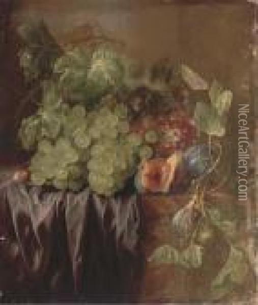 Grapes, Figs, An Acorn And A Drape On A Ledge Oil Painting - Edward Ladell