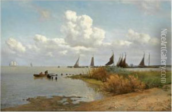 Moored Sailing Vessels On The Zuiderzee Oil Painting - W.A. van Deventer