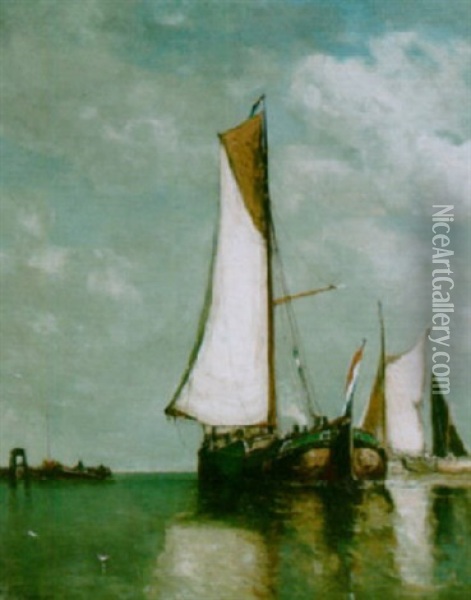 Fishing Boats Off A Jetty Oil Painting - Paul Jean Clays