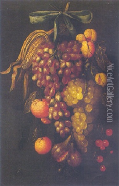 A Bunch Of Grapes, Oranges, Figs And Other Fruits, Tied With A Ribbon, Hanging From A Nail Oil Painting - Cornelis De Heem