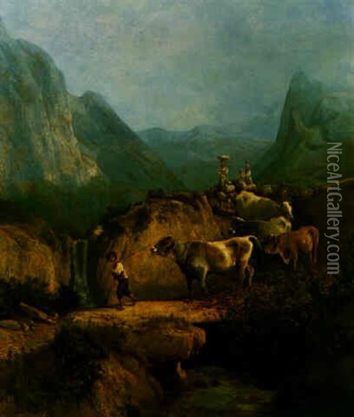 Cattle, Sheep And Goats In An Italian Alpine Landscape Oil Painting - Andras Marko