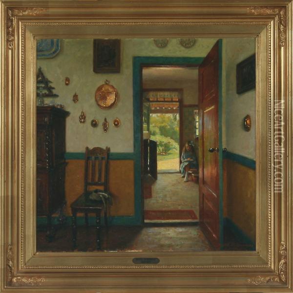 Interior With A Girl Reading Oil Painting - Bertel Hansen-Svaneke