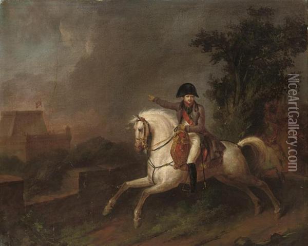 Equestrian Portrait Of Napoleon Bonaparte (1769-1821), With Troops And A Fortress Beyond Oil Painting - Carle Vernet
