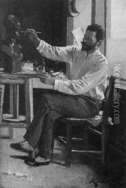 A Sculptor At Work In His Studio Oil Painting - Lajos Koloszvary
