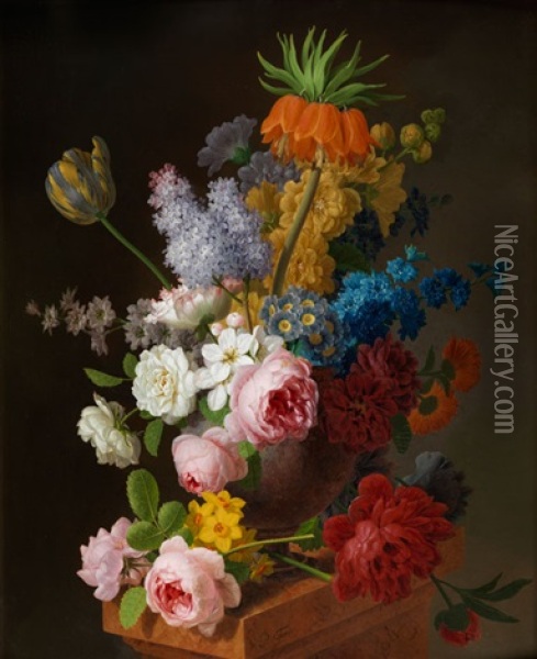 Stillleben Mit Rosen, Flieder, Tulpen, Konigskerze Und Anderen Sommerblumen Oil Painting - Pieter Faes