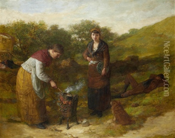 Travellers Around A Camp Fire Oil Painting - Edward Opie