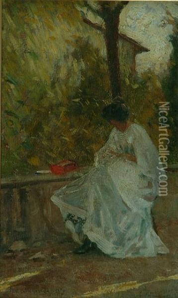 A Woman Seated In A Garden Terrace Oil Painting - Ludovico Tommasi