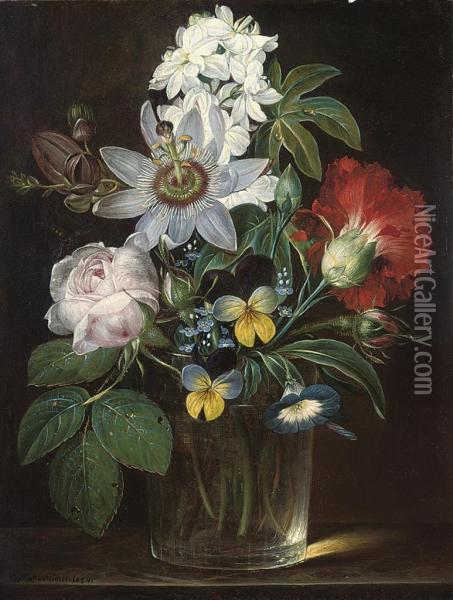Roses, Violets And A Delphinium In A Glass Vase Oil Painting - Theodor Mattenheimer