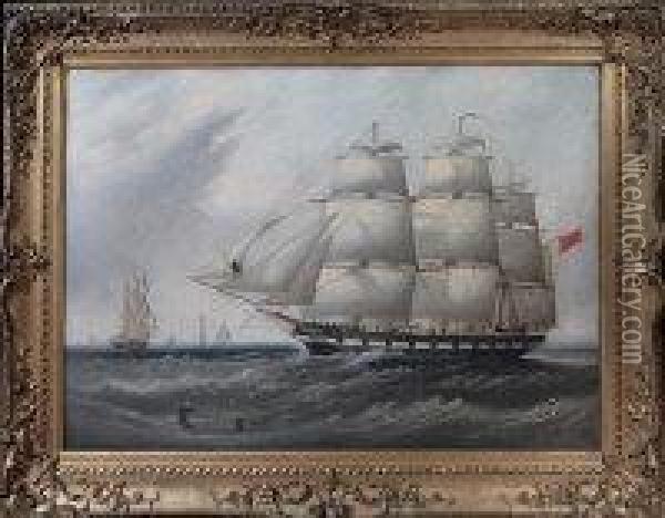 A Portrait Of The Three-masted Sailing Ship Britannia With Alighthouse And Other Vessels In The Distance Oil Painting - John Scott
