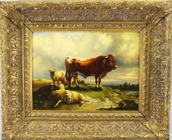 Painting Of A Cow, Ram And Two Sheep In A Landscape Oil Painting - Thomas Sidney Cooper