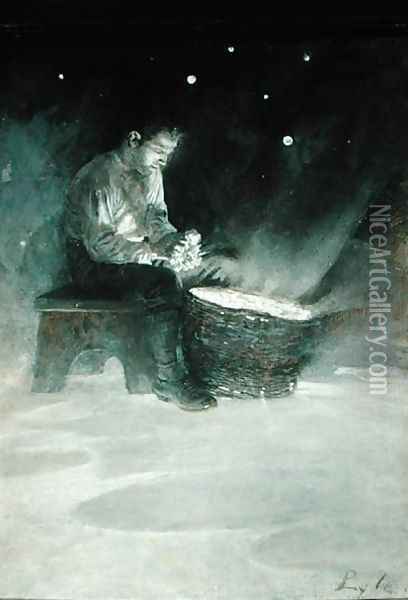 David Sat Down on the Wooden Bench and Took Up a Big Blue Star, from The Garden Behind the Moon by Howard Pyle, published 1895 Oil Painting - Howard Pyle