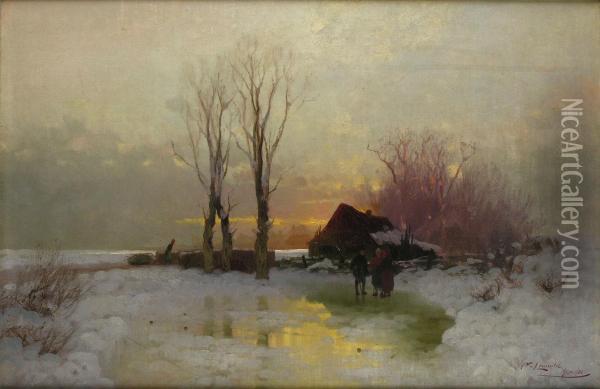 Abendliche Schneelandschaft Oil Painting - Leopold I Brunner