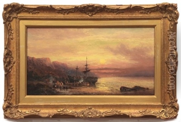 Coastal Scene With Fisher Folk At Sunset Oil Painting - Georges William Thornley