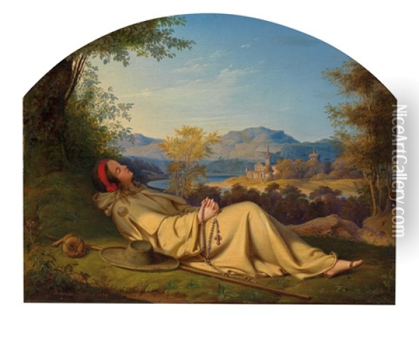 Schlafende Pilgerin Oil Painting - Julius Friedrich Anton Schrader