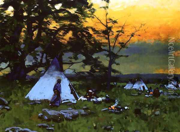 Indian Encampment Montana Oil Painting - Gilbert Gaul