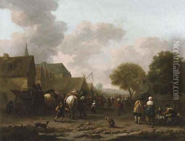 A village landscape with travellers on the street by a vegetable seller Oil Painting - Barent Gael