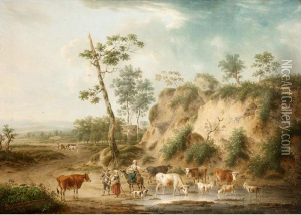 Peasants With A Cattle In An Open Landscape Oil Painting - Hendrik van Anthonissen