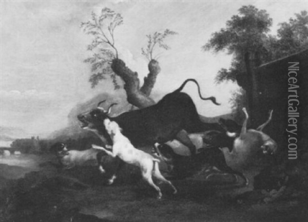 Jagdhunde Hetzen Einen Stier Oil Painting - Adriaen Cornelisz Beeldemaker