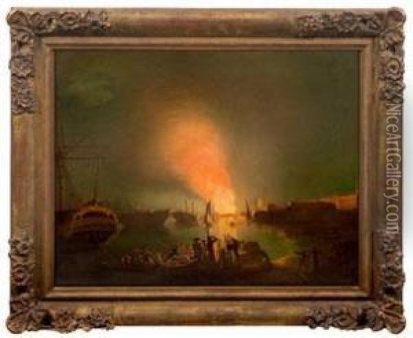 Brennendes Schiff Im Nachtlichen Hafen Von Amsterdam Oil Painting - George the Elder Scharf