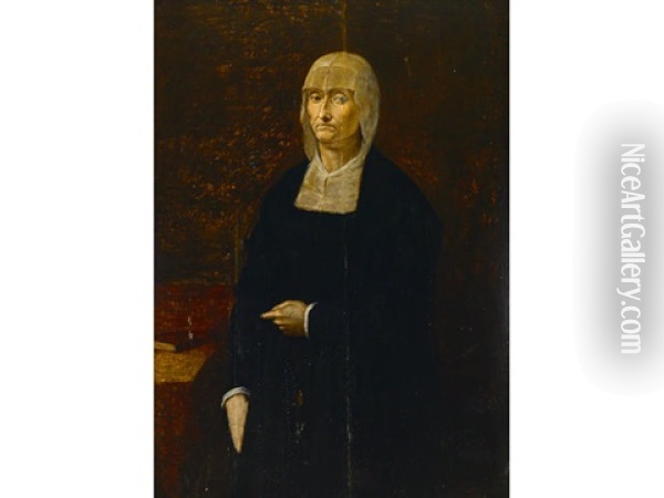 A Portrait Of An Elderly Woman, Three-quarter Length, Standing By A Table Oil Painting - Bartolomeo Passarotti