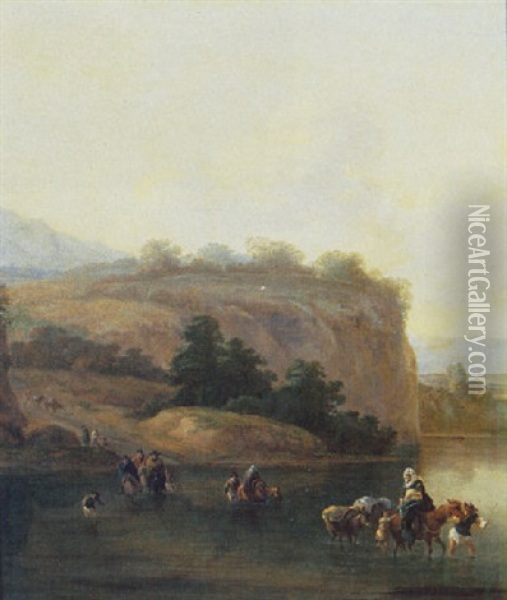 An Italianate Landscape With Muleteers Crossing A River Oil Painting - Jan Asselijn