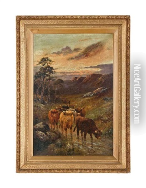 The Herd At Sunset (+ Highland Cattle And Drovers By A Highland Loch; 2 Works) Oil Painting - William Langley