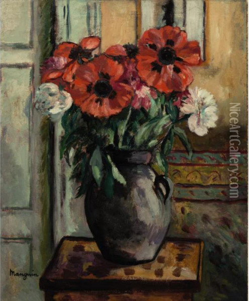 Les Pavots Au Vase Gris Oil Painting - Henri Charles Manguin