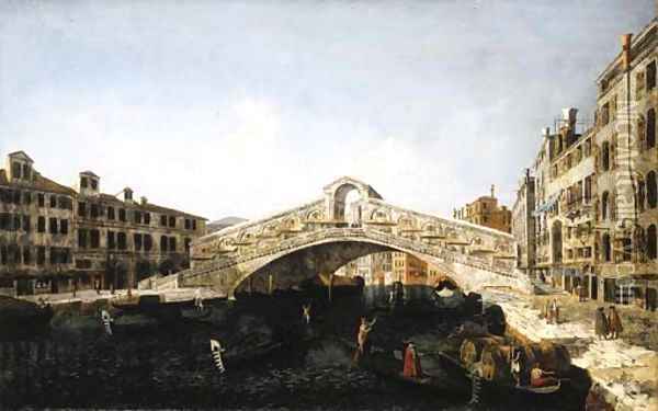 The Rialto Bridge, Venice, from the South, with the Fondamenta del Vin and the Fondamento del Ferro and numerous gondolas and barges Oil Painting - Michele Marieschi