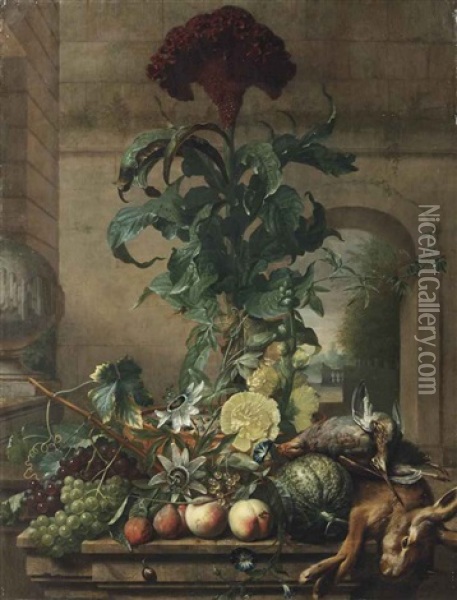 A Red Velvet Flower, Passion Flowers, Red And White Grapes, Plums, Peaches, White Berries, A Cantaloupe, A Hare, A Partridge And Other Game... Oil Painting - Joris Ponse
