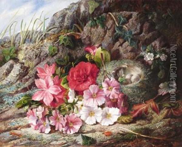 Forest Floor Still Life Of A Bird's Nest And Flowers Oil Painting - Alfred Lucas