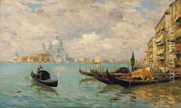 A distant view of Santa Maria della Salute, Venice, with Gondolas in the foreground Oil Painting - Guglielmo Ciardi