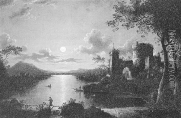A Moonlit Landscape With A Castle By A River Oil Painting - Sebastian Pether