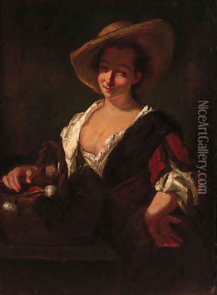 A peasant woman with a basket of fruit Oil Painting - Jean-Alexis Grimou