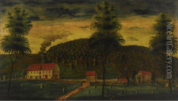Red-roofed Distillery And Out-buildings Nestled In Greenhills Oil Painting - Jacob Maentel