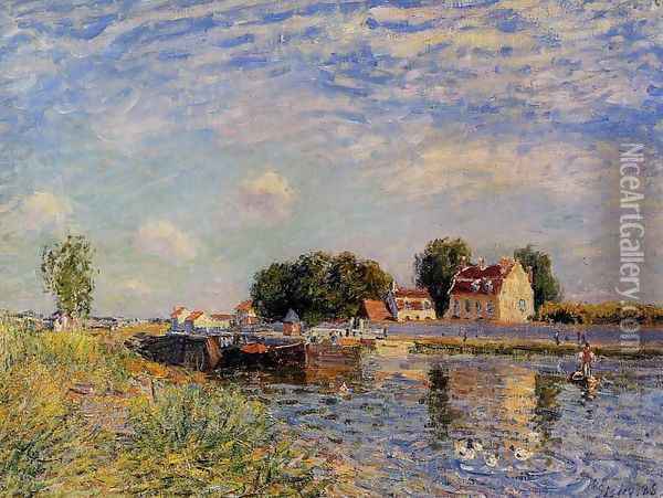 Saint-Mammes, Ducks on Canal Oil Painting - Alfred Sisley