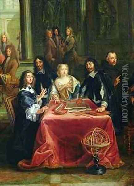Christina of Sweden 1626-89 and her Court detail of the Queen and Rene Descartes 1596-1650 at the Table Oil Painting - Pierre-Louis the Younger Dumesnil