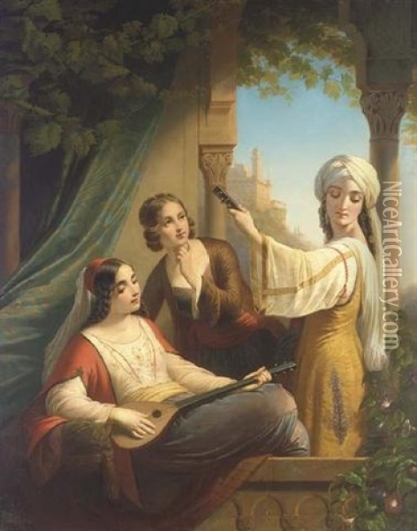 Oriental Ladies Playing Music Oil Painting - Paul Emil Jacobs