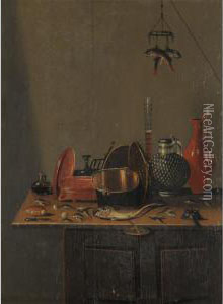 Still Life With Fish, Pots And Flagons Together On A Wooden Cupboard Oil Painting - Gerrit Van Vucht
