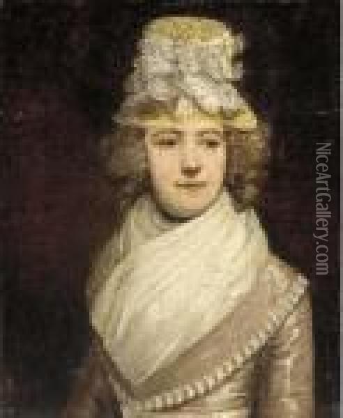 Portrait Of A Lady, Bust-length, In A Pink Dress And White Shawl Oil Painting - Sir Joshua Reynolds