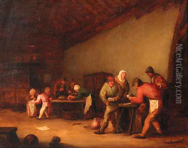 Boors playing at cards in a barn, children beyond Oil Painting - Bartholomeus Molenaer