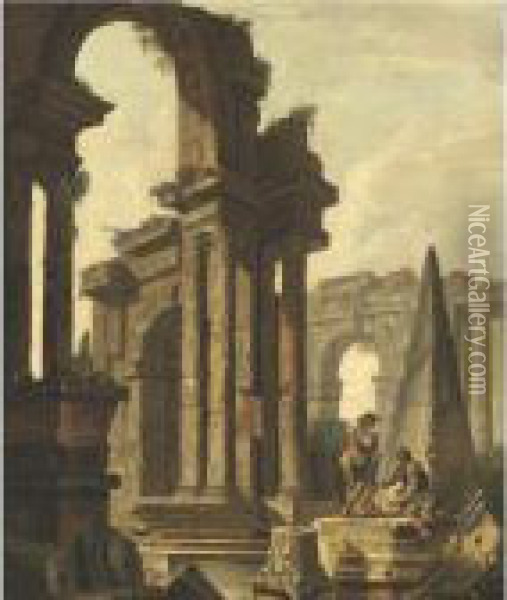 Figures Among Roman Ruins Oil Painting - Hubert Robert